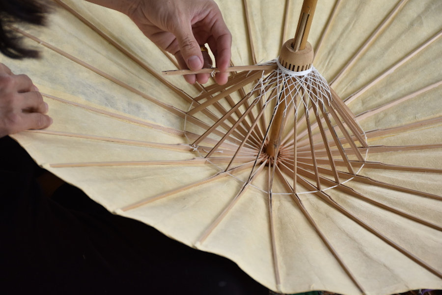 Removing a bamboo umbrella's broken support rib for replacement.