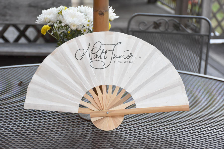 Natt Junior - Custom wedding hand fan, screened logo, natural bamboo frame, 41 cm