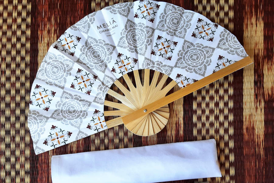 Melia Chiang Mai -  promotional folding hand fan, digital print, natural bamboo frame