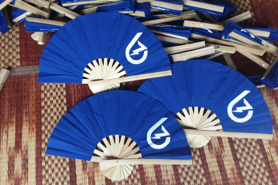 Blue throne - promotional folding hand fans, screened logo, natural bamboo frame