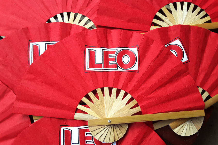 Leo - Promotional fodling hand fans, screened logo, natural bamboo frame