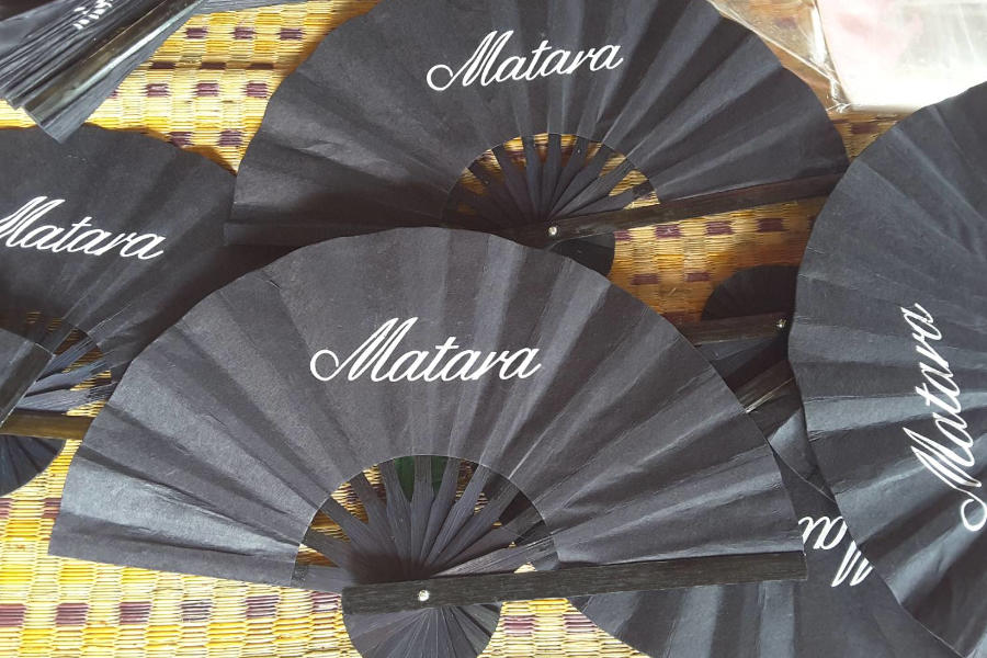 Matara - promotional folding hand fan, screened logo, black bamboo frame