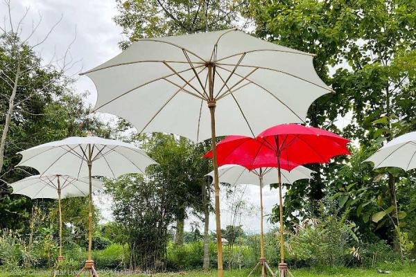 Fabric bamboo patio umbrellas at Sunisa Umbrella Works' garden, FAB-TOR, off-white and red, 200 cm