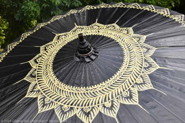 Chiang Mai Classic Bamboo Garden and Patio Umbrella, painted, cream lotus on black