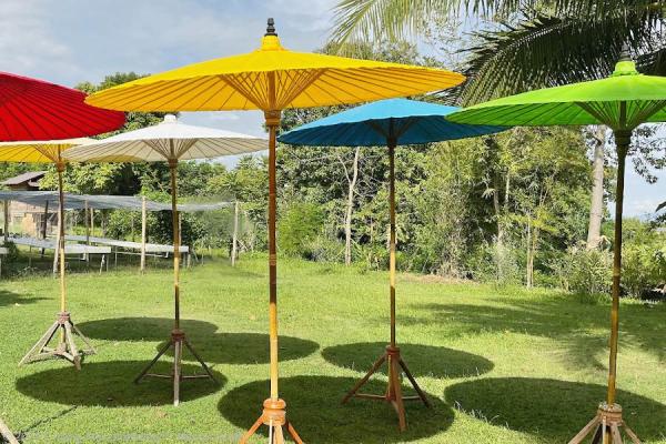 Chiang Mai Classic Bamboo Garden and Patio Umbrellas, colors red, lemon yellow, tropicana, sky blue, off-white, light cream