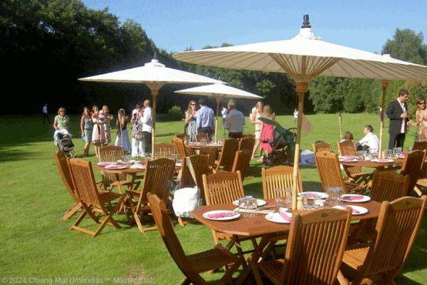 Chiang Mai Classic Bamboo Garden and Patio Umbrellas at a UK wedding, color off-white