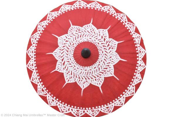 Thai paper umbrella, painted silver lotus on red